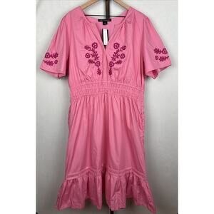 NEW French Connection Embroidered Peasant Dress Sz XXL Pink Boho Country Rustic